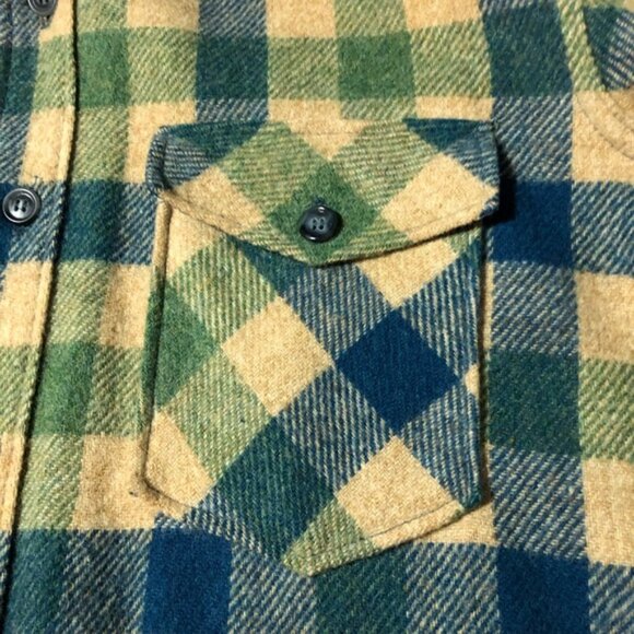 Vintage Woolrich wool blue green plaid flannel shirt pockets mens L lumberjack - Picture 5 of 10
